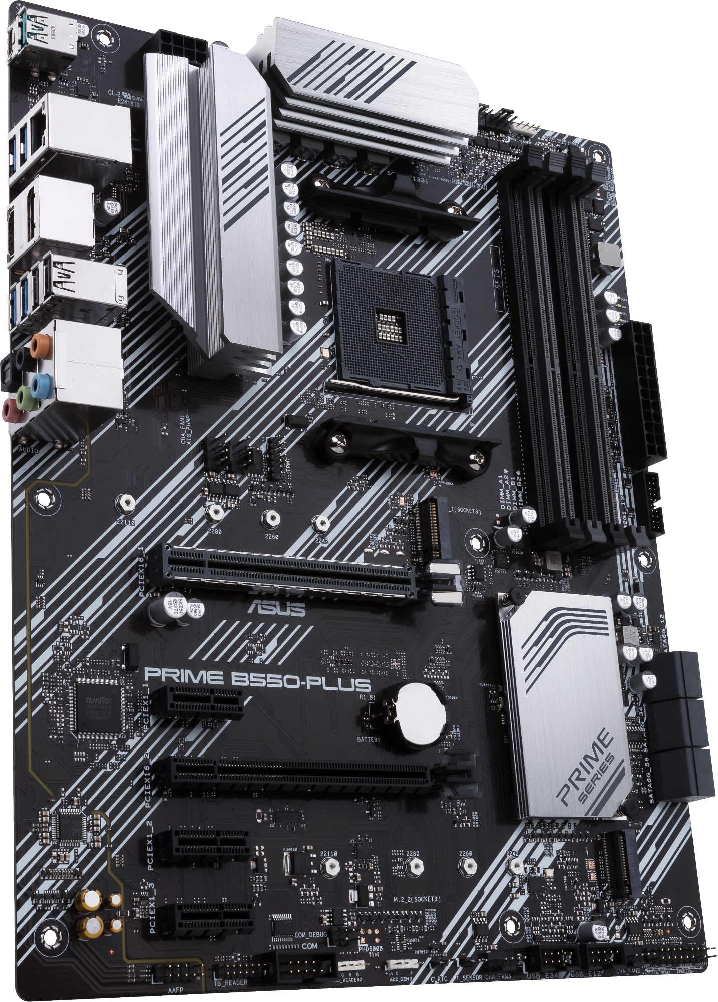 Une carte mère ASUS Prime B550-Plus noire avec des accents argentés et des connecteurs.