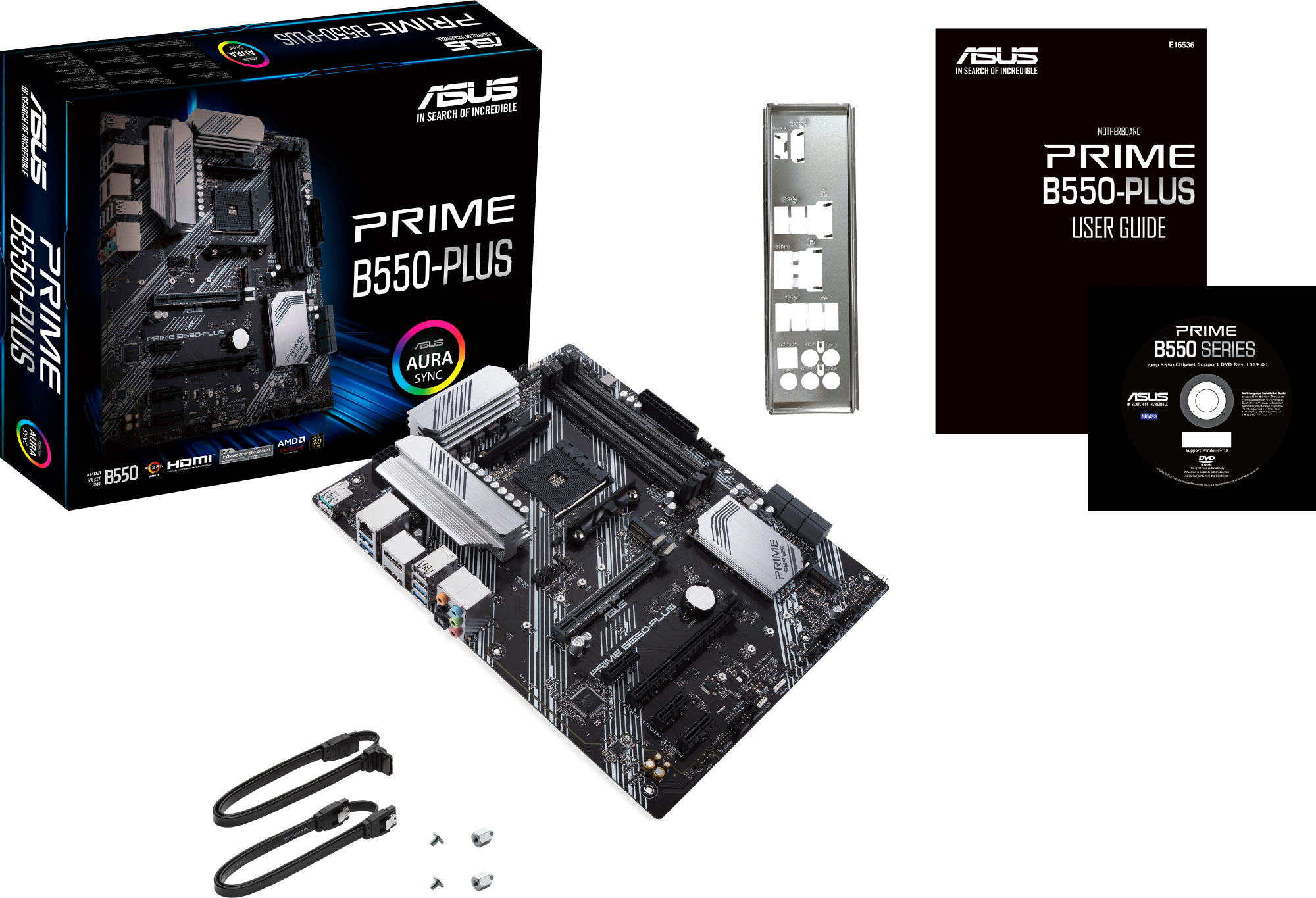 Carte mère ASUS Prime B550-Plus, manuel et DVD.