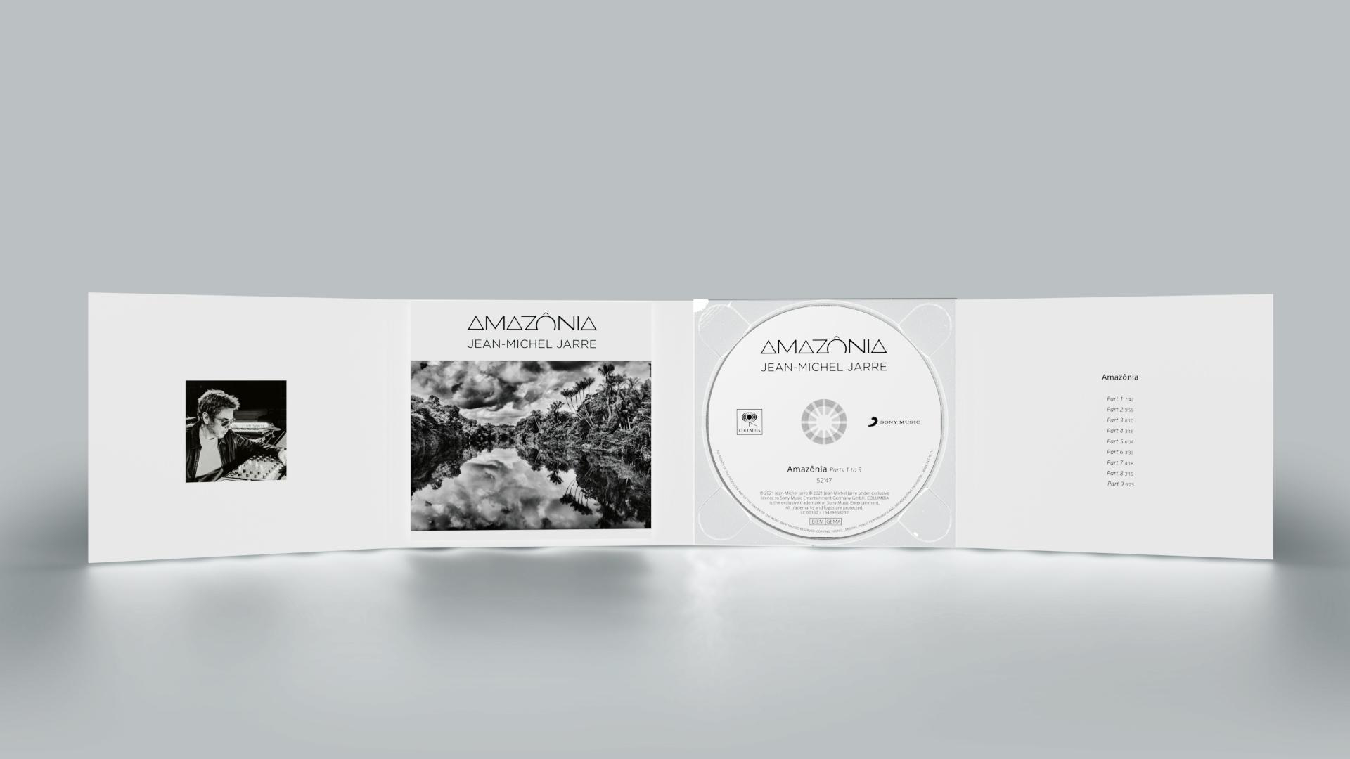 Amazonia Jean-Michel Jarre CD-Hülle offen, zeigt Cover, Disc und Titelliste.