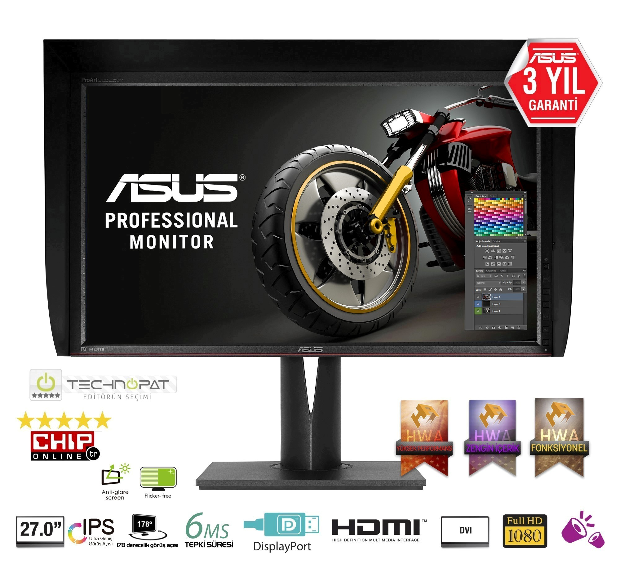 ASUS PA279Q 27 inç 2560 x 1440 Arkadan Aydınlatmalı IPS-DVI-HDMI-Display Port, PINP WQHD LED Monitör