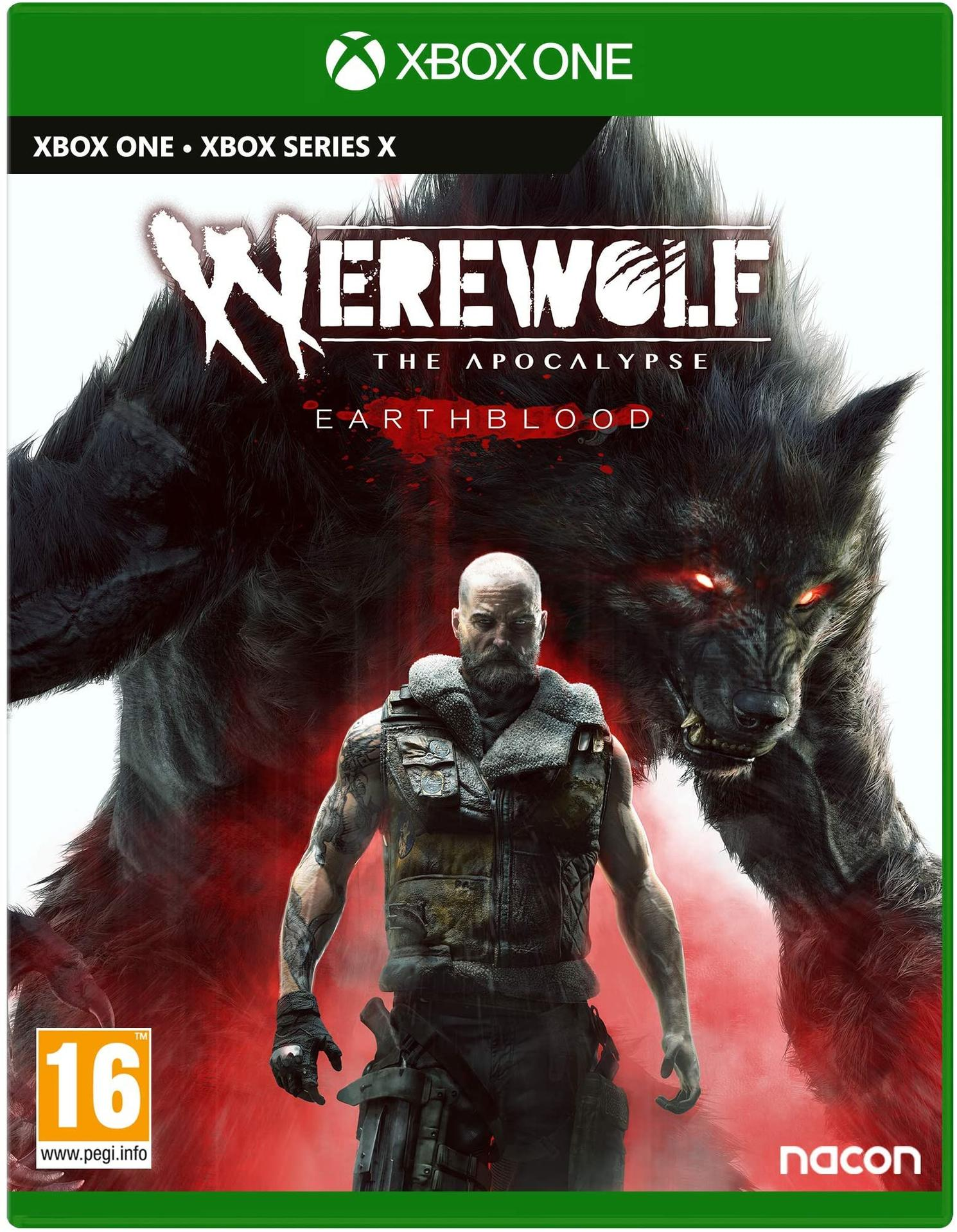 Arte de la caja del videojuego: Hombre con hombre lobo detrás, título 'Werewolf: The Apocalypse'.