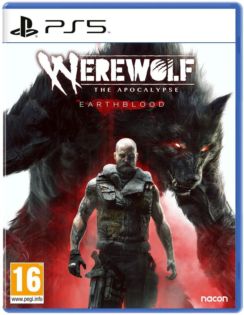 Portada del juego: Hombre con hombre lobo, texto 'Werewolf The Apocalypse Earthblood' y logo PS5.