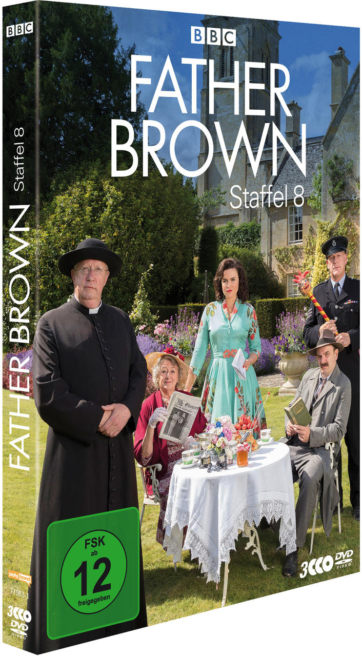 DVD-Cover der Serie Father Brown. Enthält Darsteller und eine pastorale Umgebung.