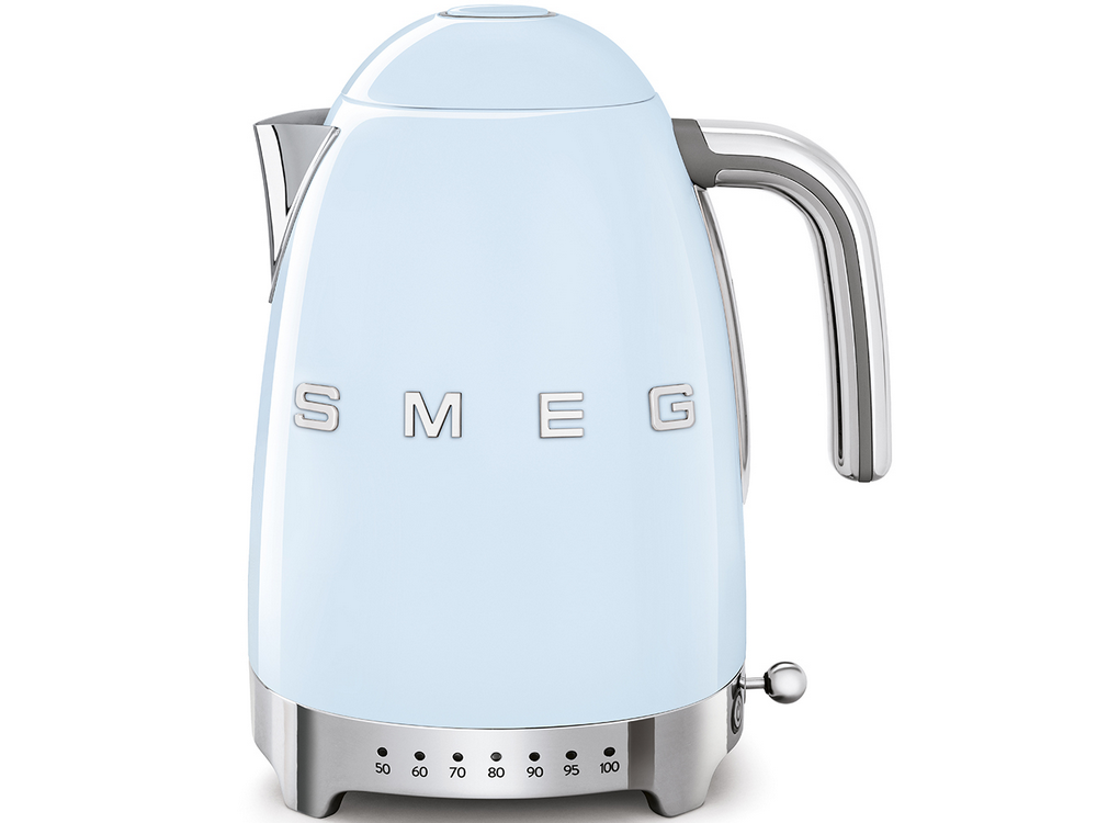 Hervidor de agua - Smeg KLF04PBEU, 1.7 l, Retro, 2400 W, Con cable, Acero inoxidable, Rotación 360º, Azul