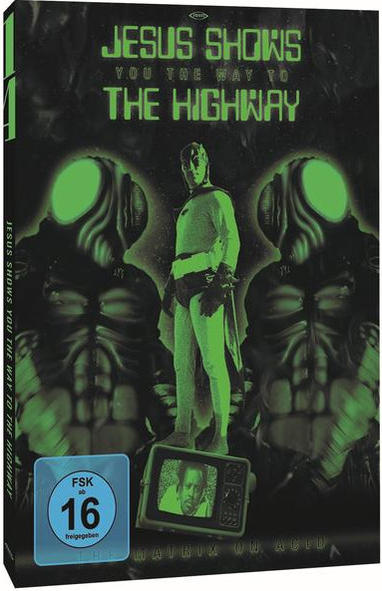 DVD-Hülle mit einem Science-Fiction-Filmcover. Figuren in Grün und ein Mann in einem Kostüm.