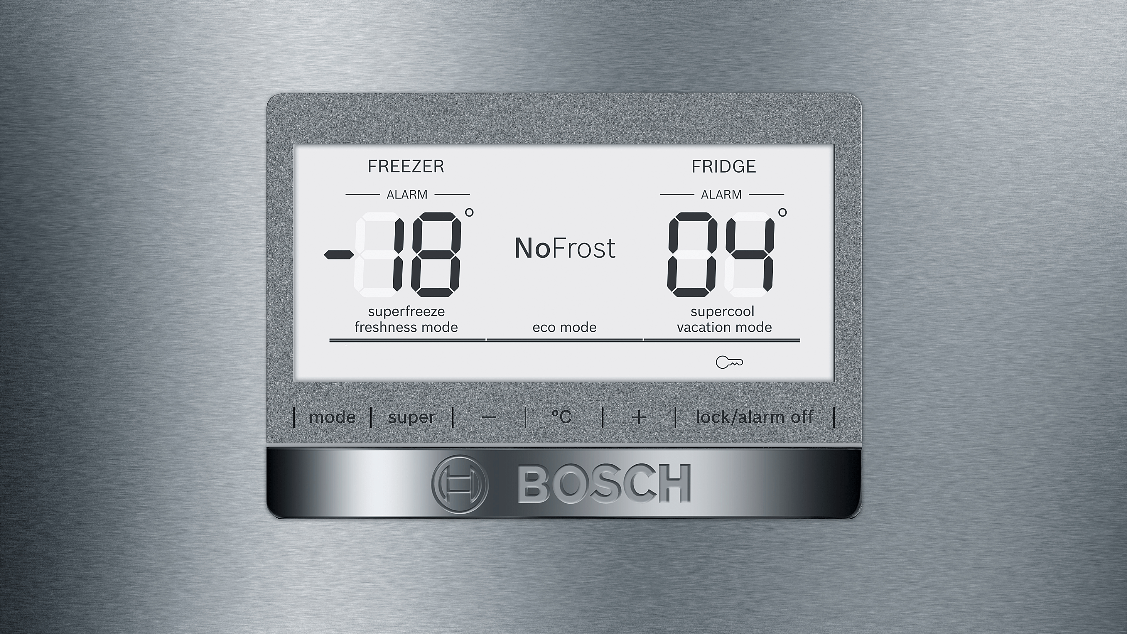 Buzdolabı ekranı, dondurucu -18°C, buzdolabı 4°C ve Bosch logosunu gösteriyor.