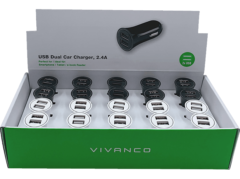 VIVANCO Universal USB Dual KFZ Ladegerät universal, 12/24 Volt 12 Watt, Schwarz