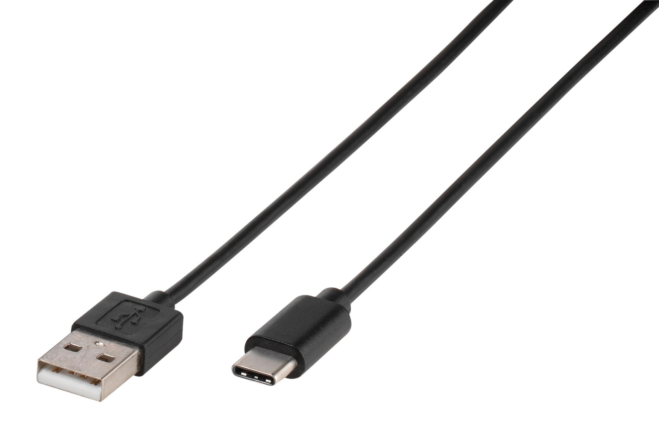 Schwarzes USB-zu-USB-C-Kabel, das sich von links nach rechts erstreckt.