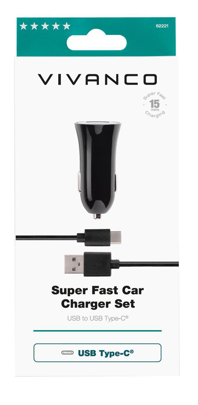 Ein schwarzes Autoladegerät-Set in einer weißen Box mit USB- und USB-C-Anschlüssen.