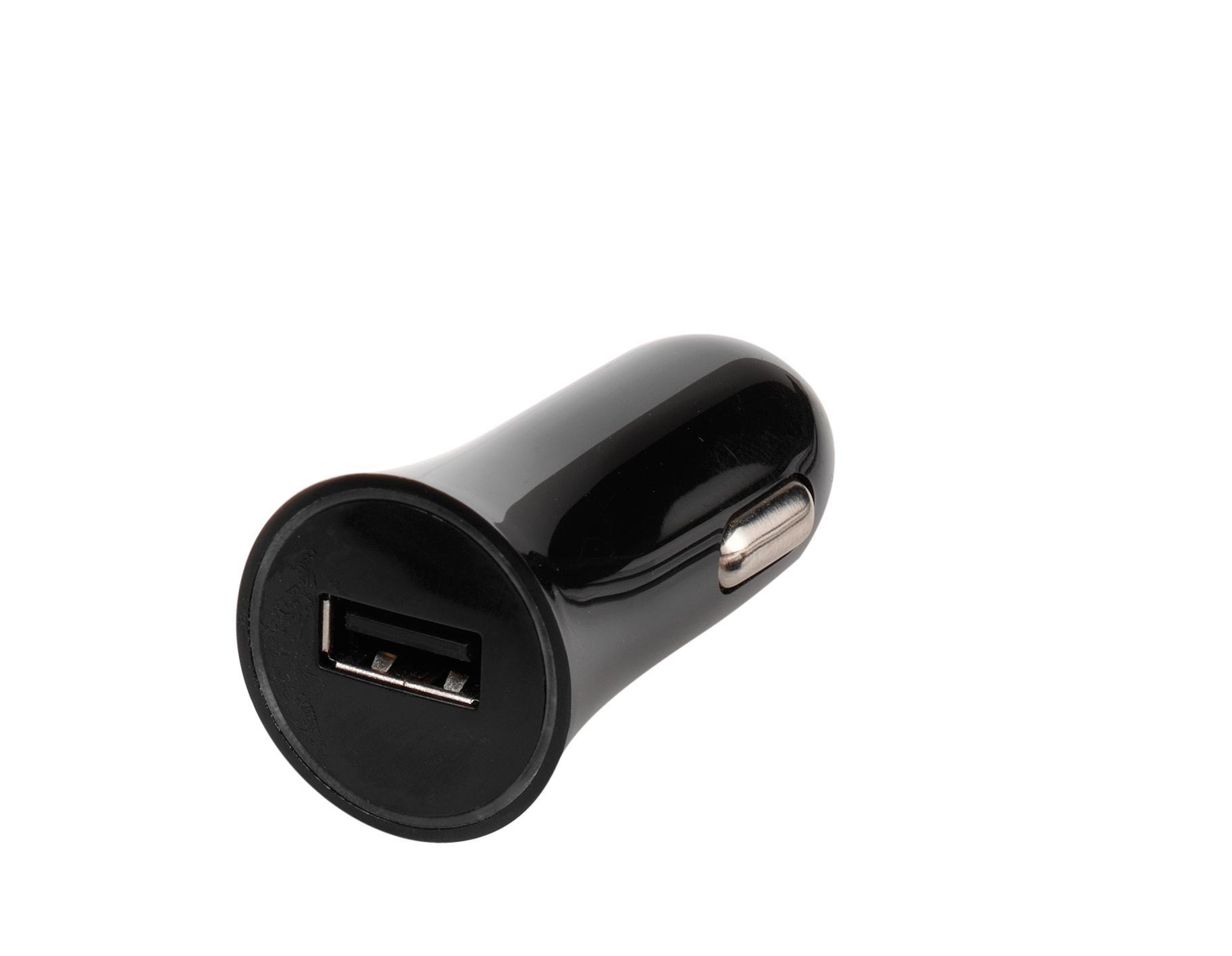 Schwarzes USB-Autoladegerät. USB-Anschluss sichtbar. Weißer Hintergrund.