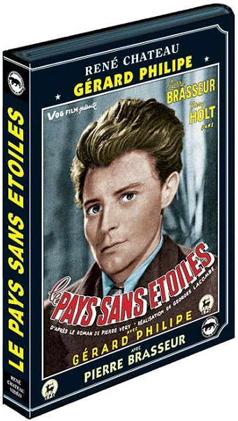 Jaquette du film : Gérard Philipe, titre 'Le Pays Sans Etoiles'. Fond noir et bleu foncé.