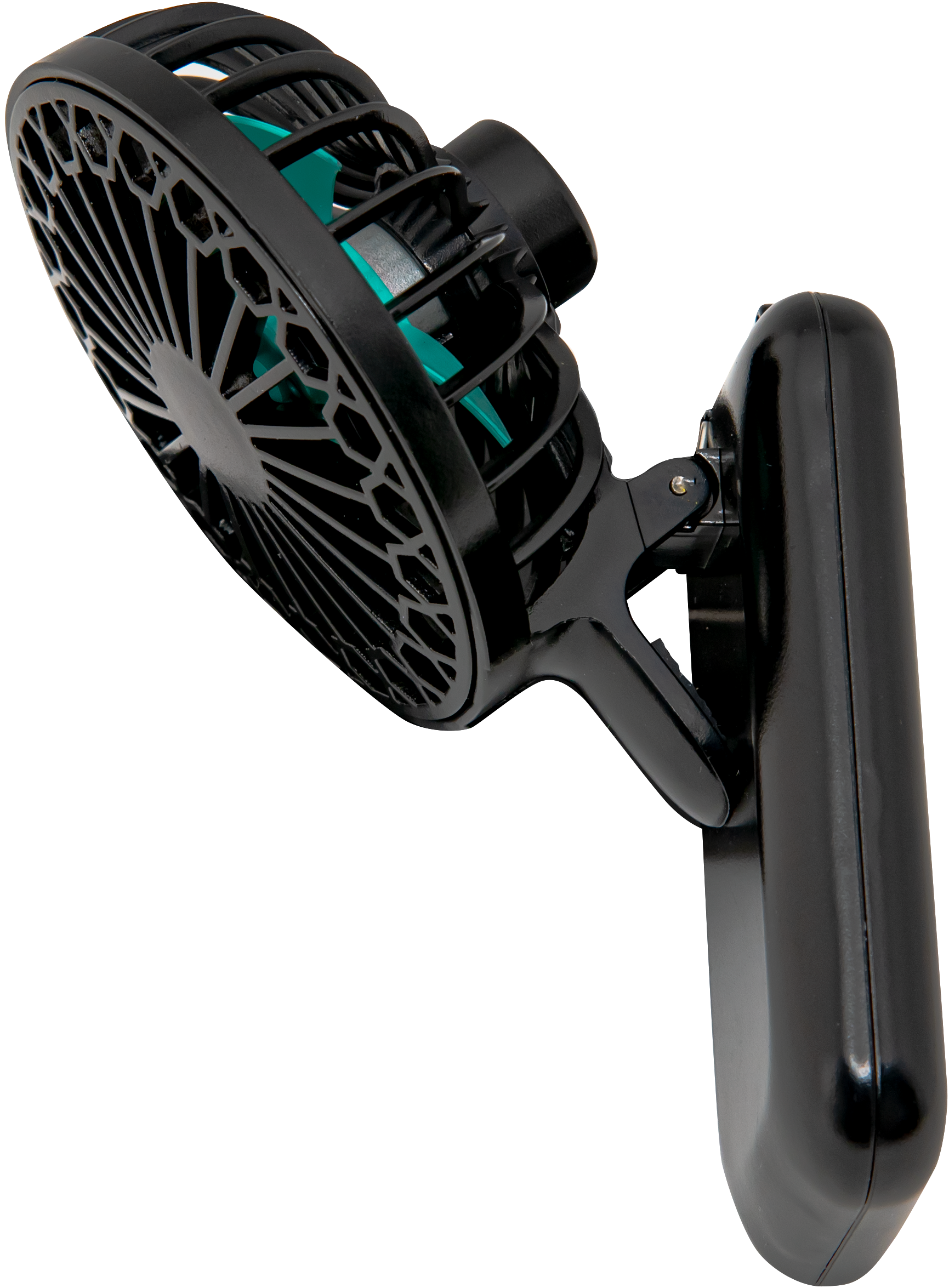 Fekete ventilátor egy csipeszhez rögzítve. A ventilátor kör alakú lapátvédővel rendelkezik.