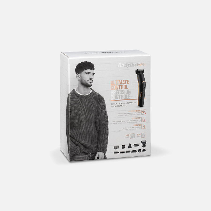 Caja de un recortador BaBylissMEN, con la imagen de un hombre, detalles del producto e iconos de funciones como resistente al agua.
