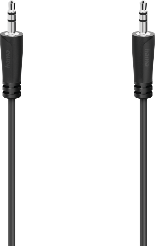 Zwarte audiokabel met twee 3,5 mm jacks. Geïsoleerd op een zwarte achtergrond.