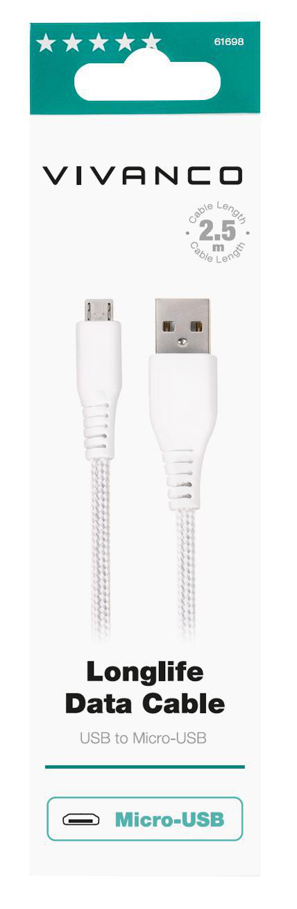 VIVANCO LongLife Micro-USB, Ladekabel, Weiß 2,5 m