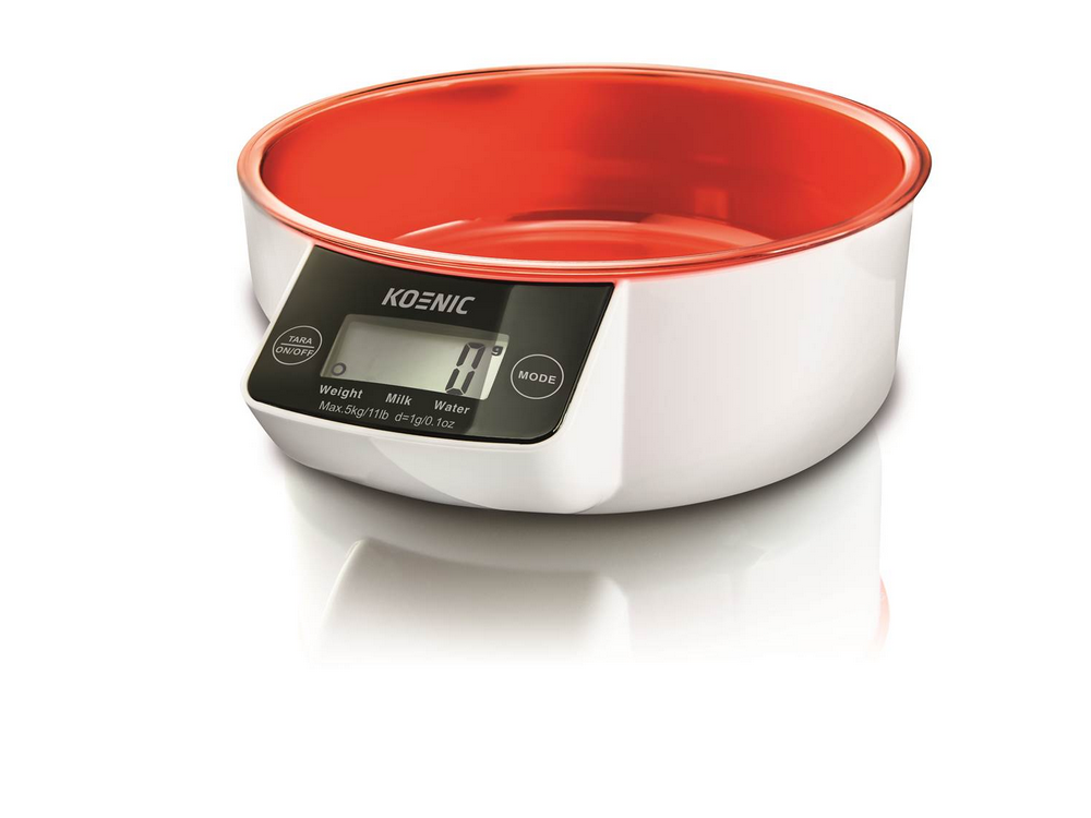 REACONDICIONADO Balanza de cocina - Koenic KSS 3220, Hasta 5 kg, Función tara, Forma de bol, Gris/Rojo