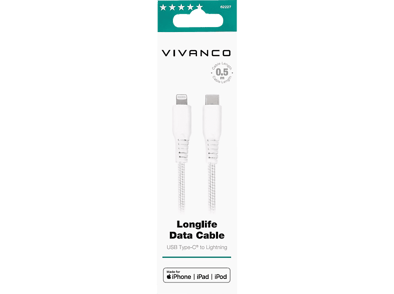 VIVANCO LongLife Lightning USB, Datenkabel, 0,5 m, Weiß