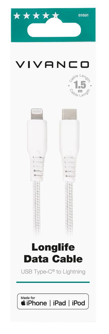 VIVANCO LongLife Lightning USB, 1,5 Datenkabel, Weiß m