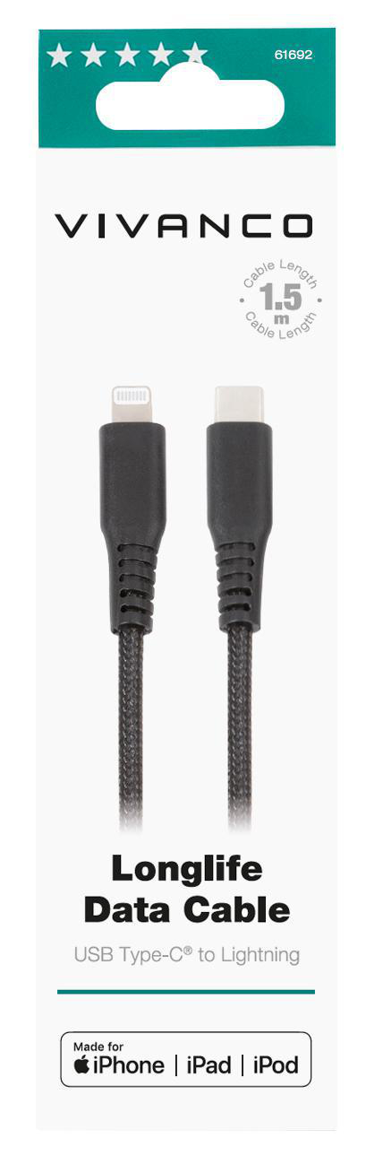 VIVANCO LongLife Lightning USB, m, Schwarz Datenkabel, 1,5