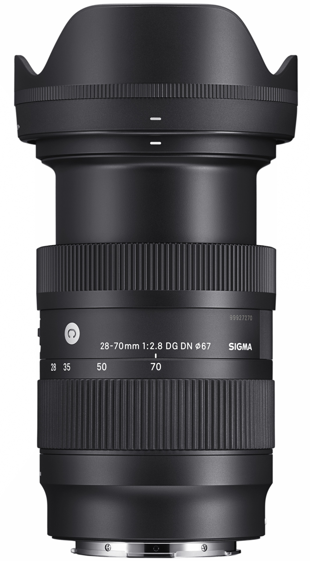 Schwarzes Kameraobjektiv mit 28-70mm Bereich und verschiedenen Markierungen.