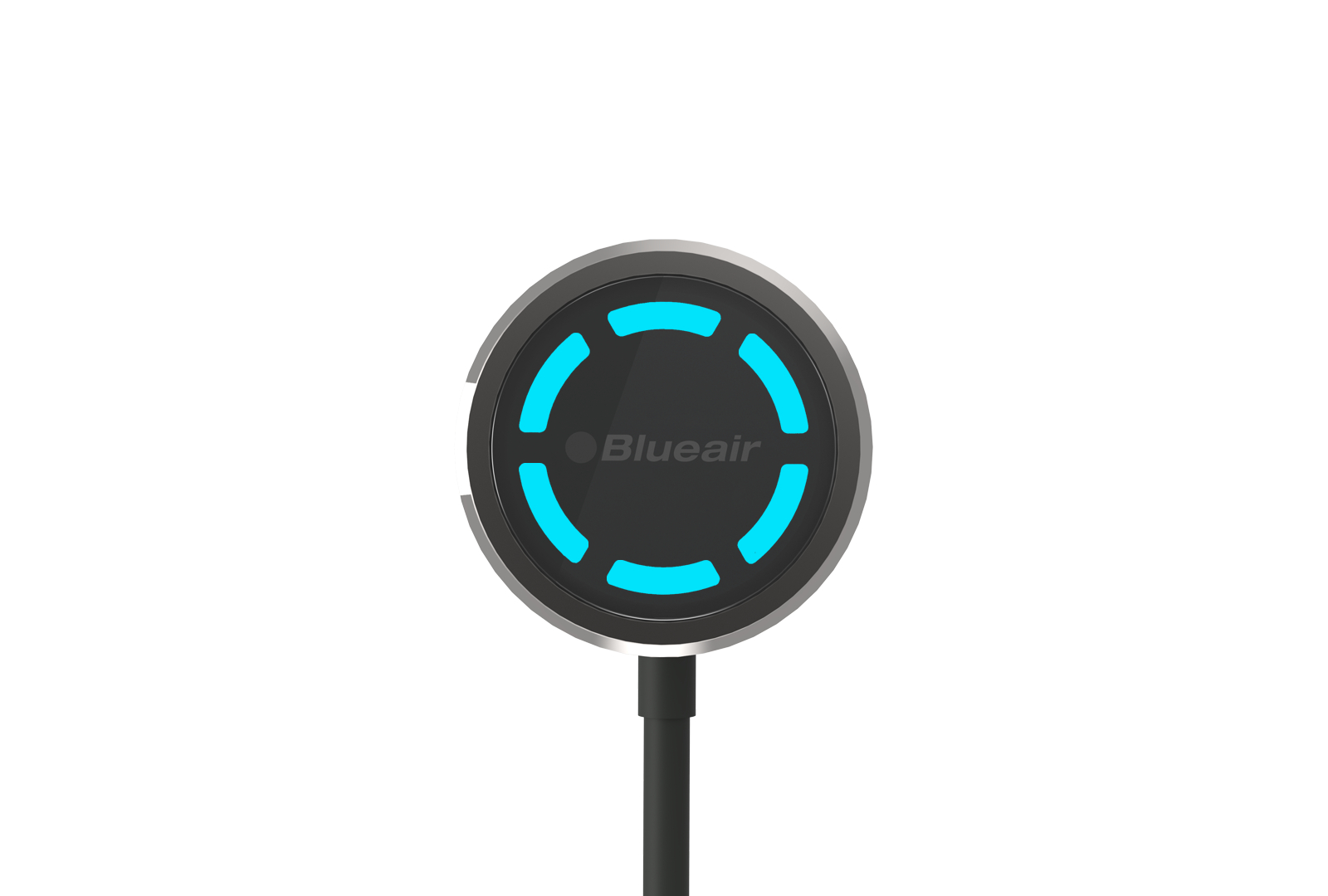 Runder, schwarzer Blueair Luftreiniger-Regler mit blauem Lichtring.