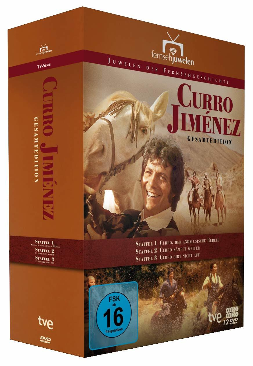 DVD-Box-Set von Curro Jiménez, ein Mann auf einem Pferd und andere Charaktere im Hintergrund.