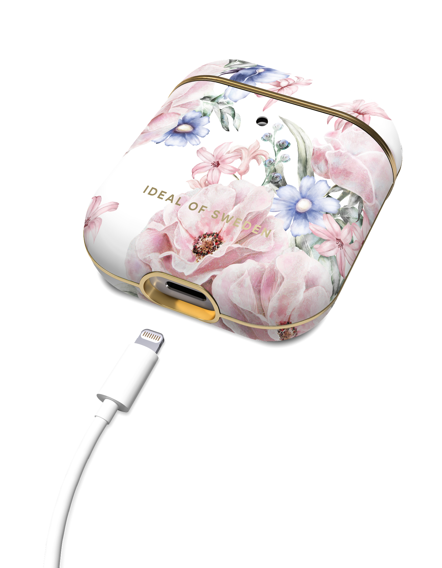 Florales AirPods-Etui mit angeschlossenem Kabel, goldener Rand, weißer Hintergrund.