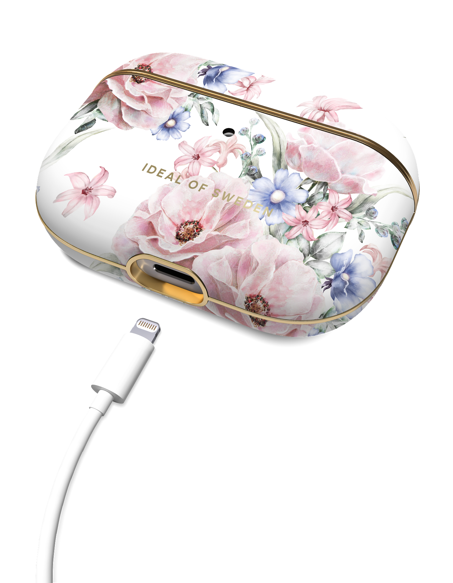 Ein weißes AirPods-Etui mit floralem Design und einem angeschlossenen Ladekabel.