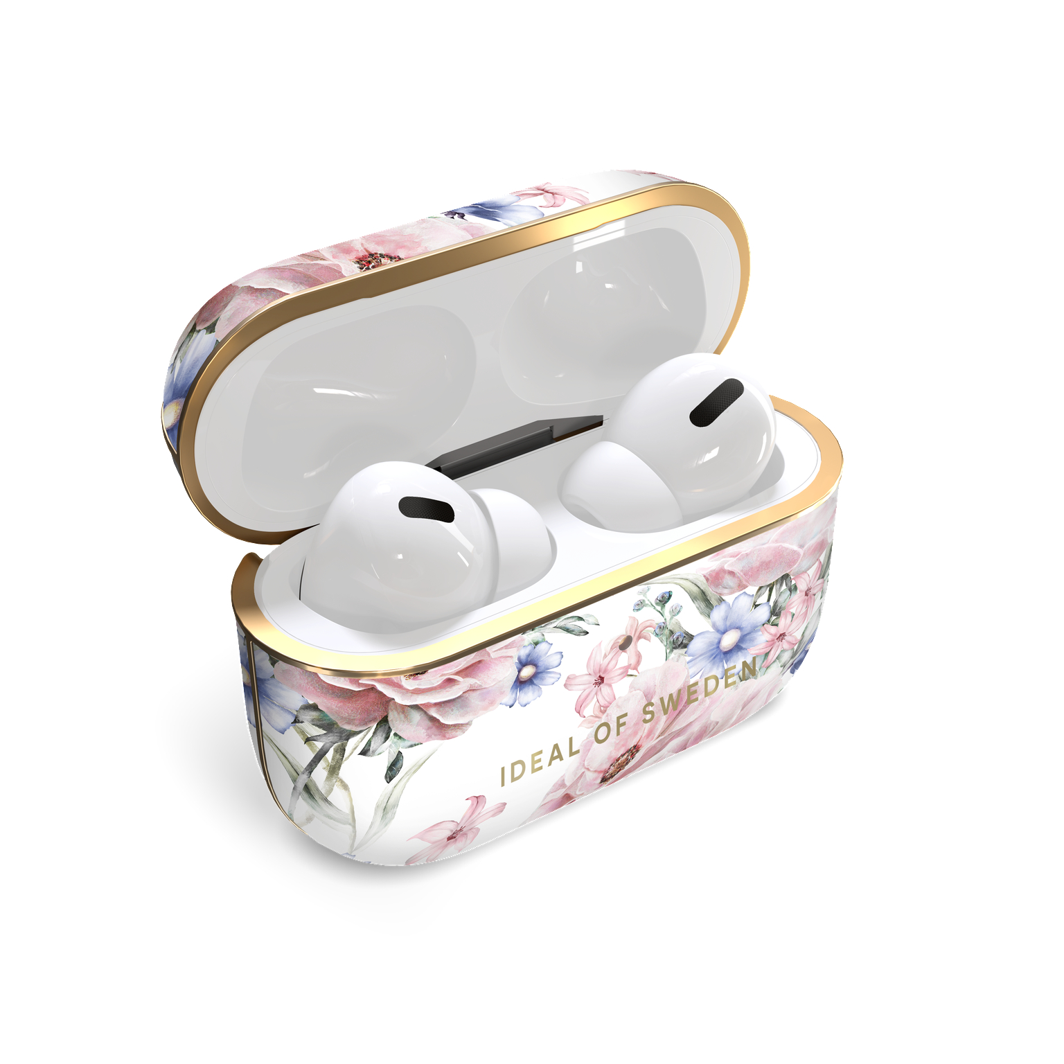 Geöffnete weiße Ohrhörer-Hülle mit floralem Design und zwei weißen Ohrhörern.