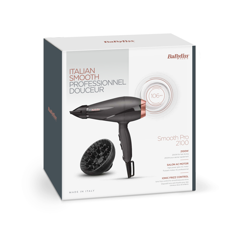 Babyliss saç kurutma makinesi kutusu. Siyah kurutucu, difüzör ve ürün detayları.