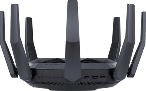 A black router with multiple antennas. The router has several ports in the back. It is on a white background.