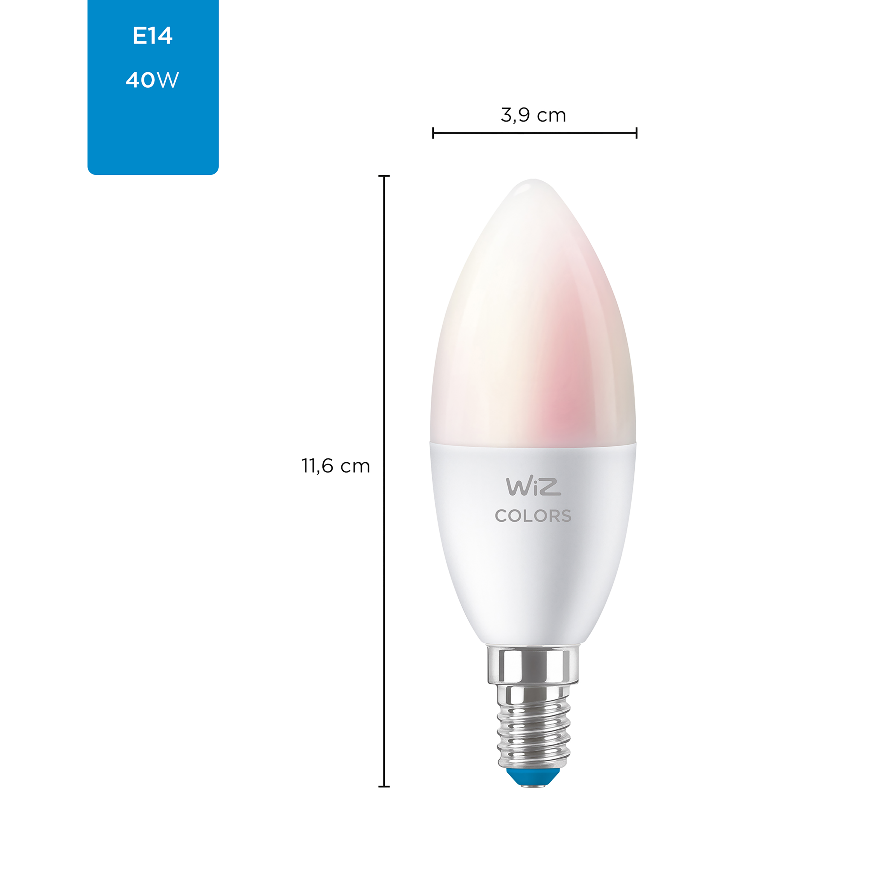 White Wiz Colors light bulb with dimensions and a blue box showing E14 and 40W.
