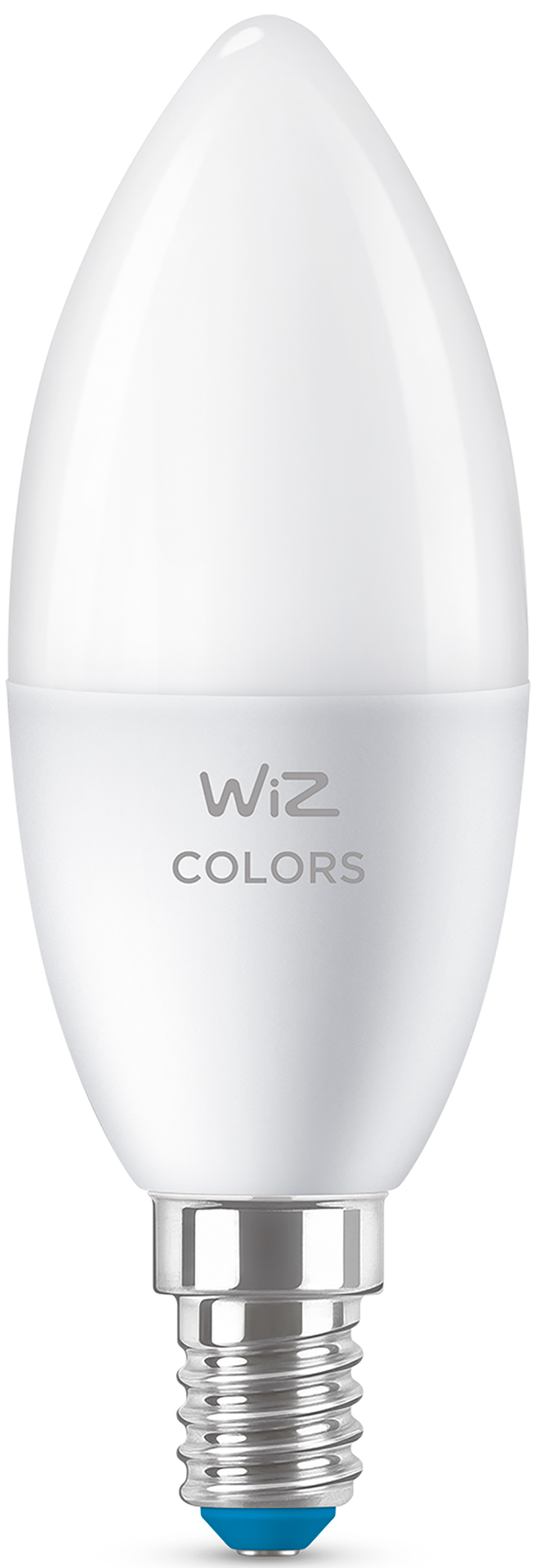 A white LED light bulb with a silver base and a blue tip, and the text 'Wiz Colors'.