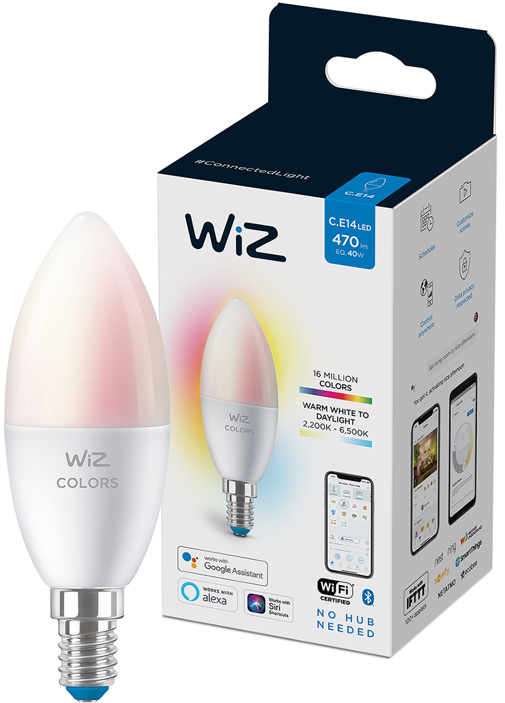 White WiZ LED bulb with a colorful glow.