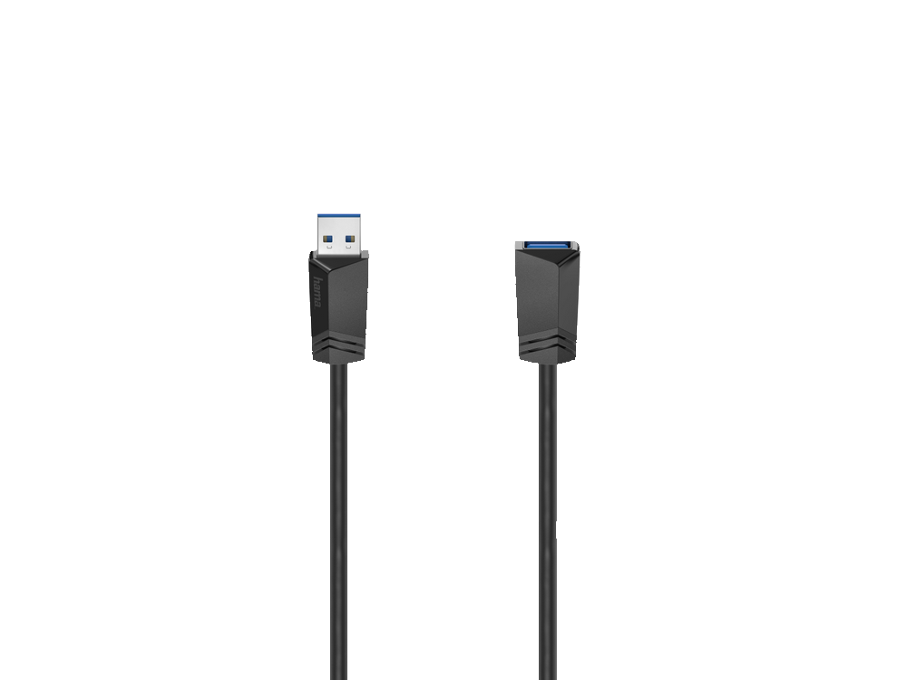 Un cable USB 3.0 negro con dos conectores, sobre fondo blanco.
