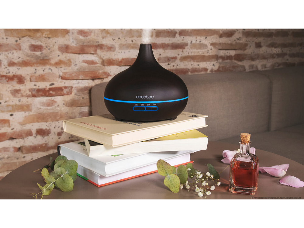 Difusor de aceites esenciales negro con libros, plantas y botella.