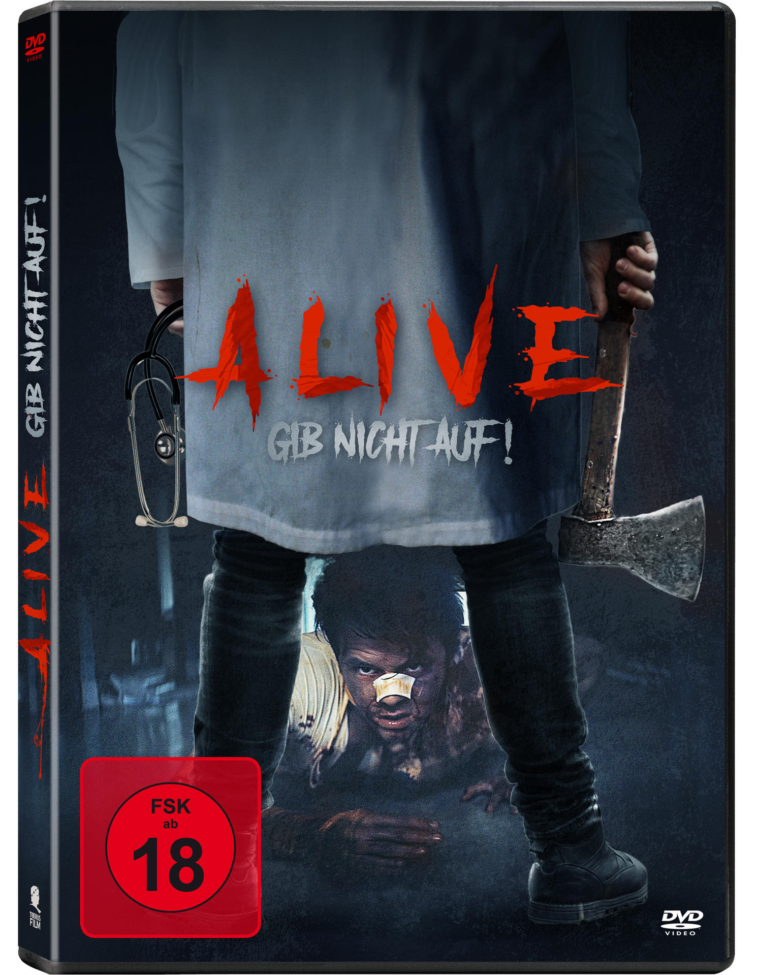 DVD-Hülle mit einer Person, die eine Axt hält und Text 'ALIVE'.