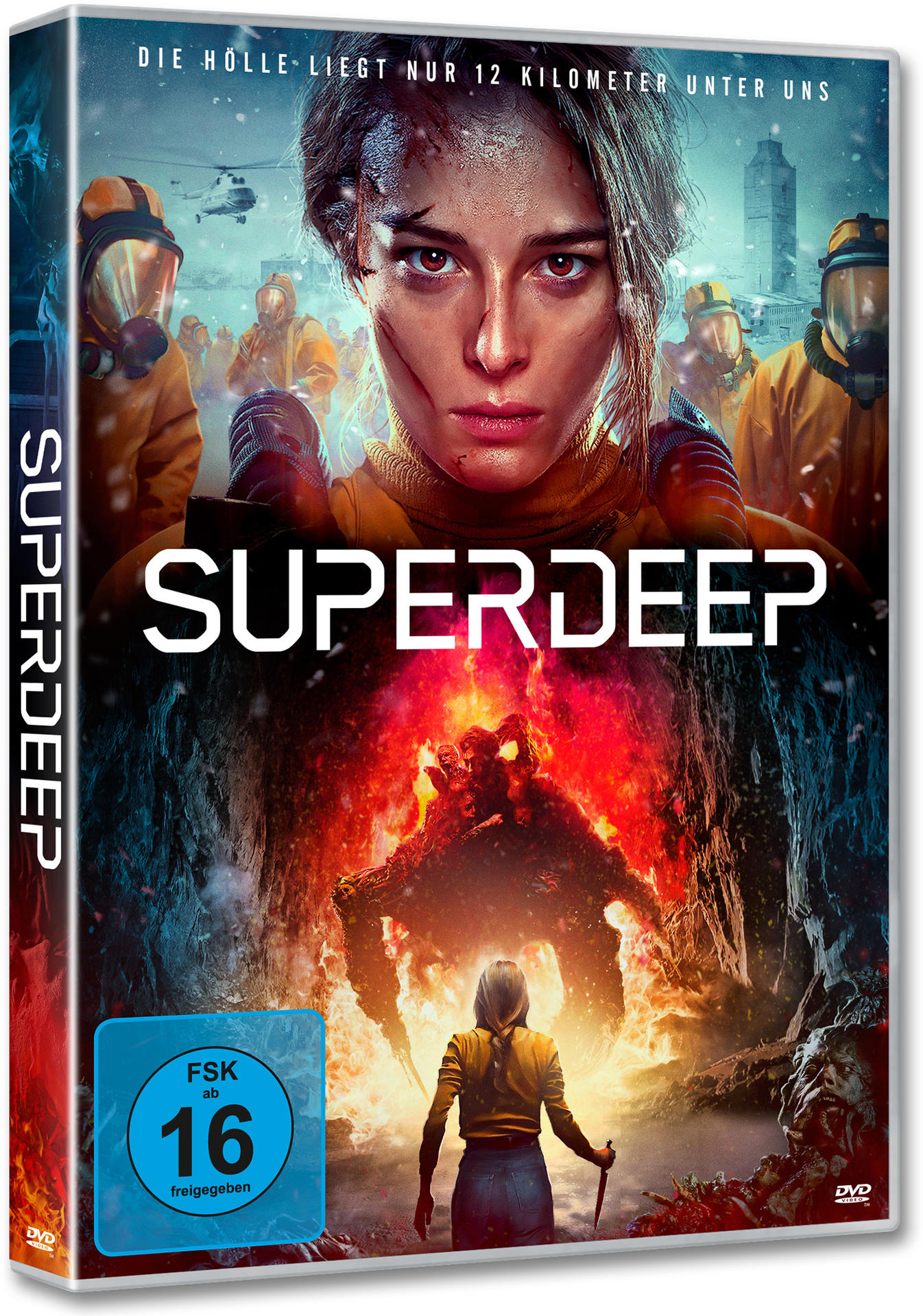 DVD-Cover des Films Superdeep mit einer Frau und Figuren in Schutzanzügen.
