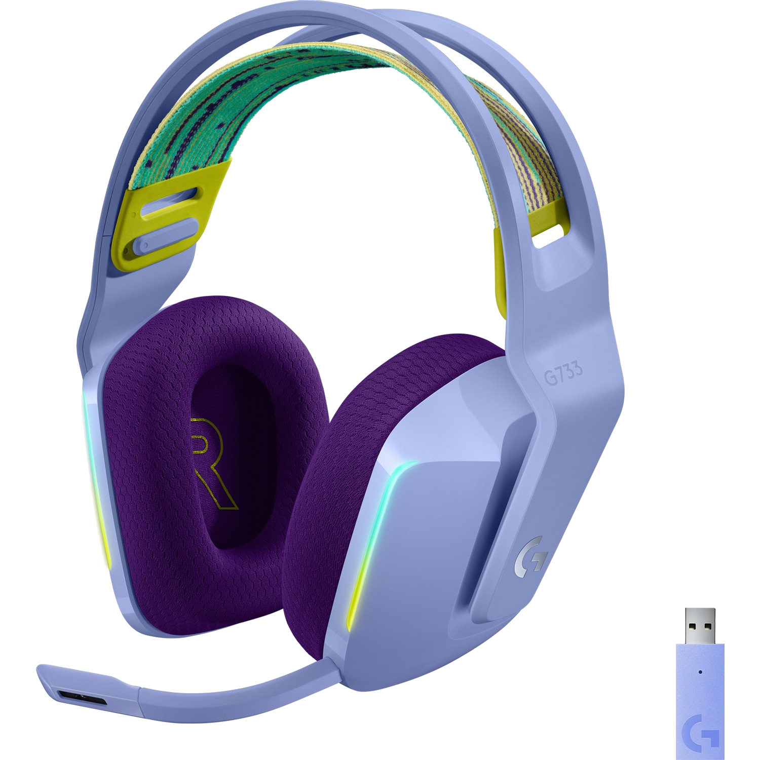 Mor kulaklıklara ve mikrofona sahip oyun kulaklığı, bir USB dongle ile.