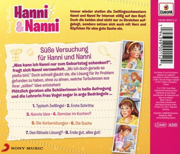 Rückseite eines Kinderbuchs 'Hanni & Nanni' mit Illustrationen und Text.