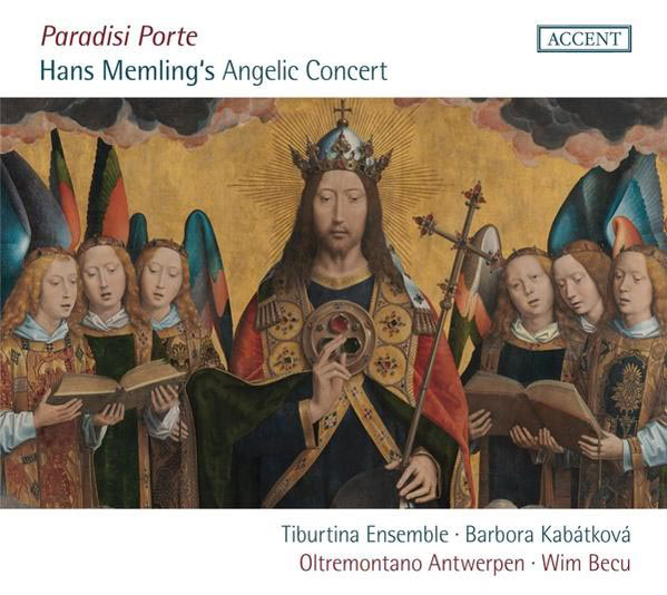 Ein Gemälde, das Jesus und singende Engel darstellt, mit dem Text 'Paradisi Porte'.
