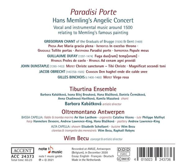 Albumcover mit Text und Noten, bezogen auf Hans Memlings Angelic Concert.