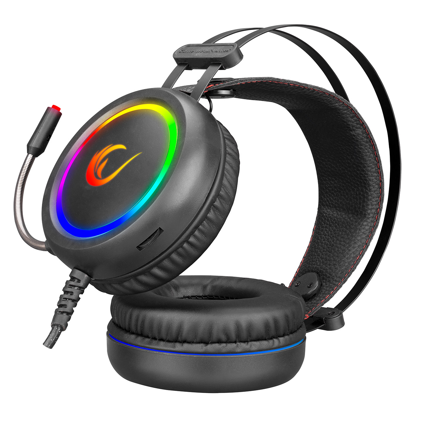 RGB aydınlatmalı ve esnek mikrofonlu siyah oyun kulaklığı.