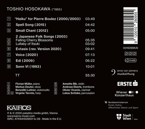 Rückseite einer CD-Hülle. Der Text ist auf Deutsch. Der Titel ist TOSHIO HOSOKAWA.