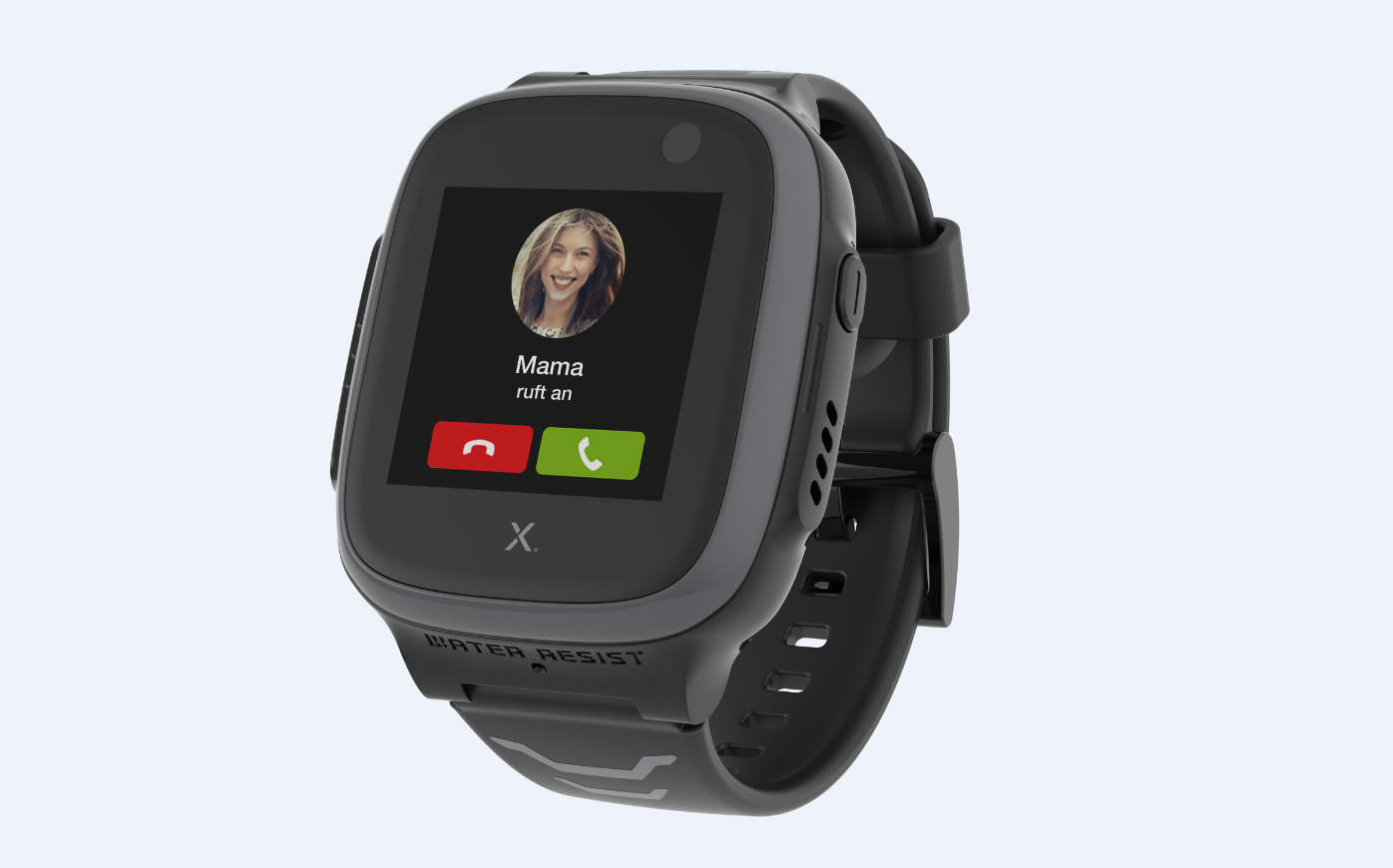 Smartwatch: Graue Uhr mit eingehendem Anruf von "Mama". Foto einer lächelnden Frau auf dem Bildschirm.