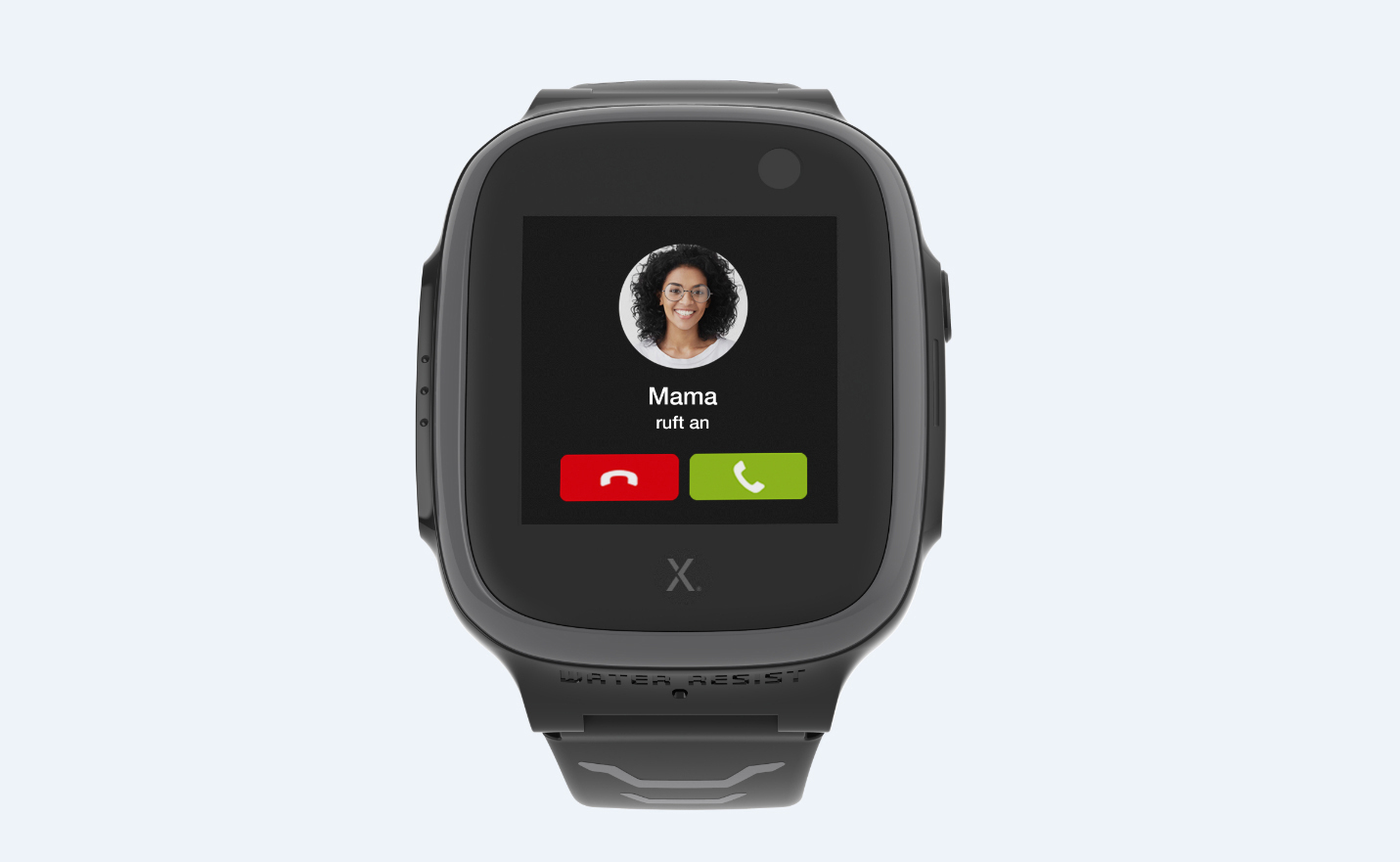 Smartwatch mit Anrufbildschirm, Foto einer Frau, Annehmen/Ablehnen-Optionen.