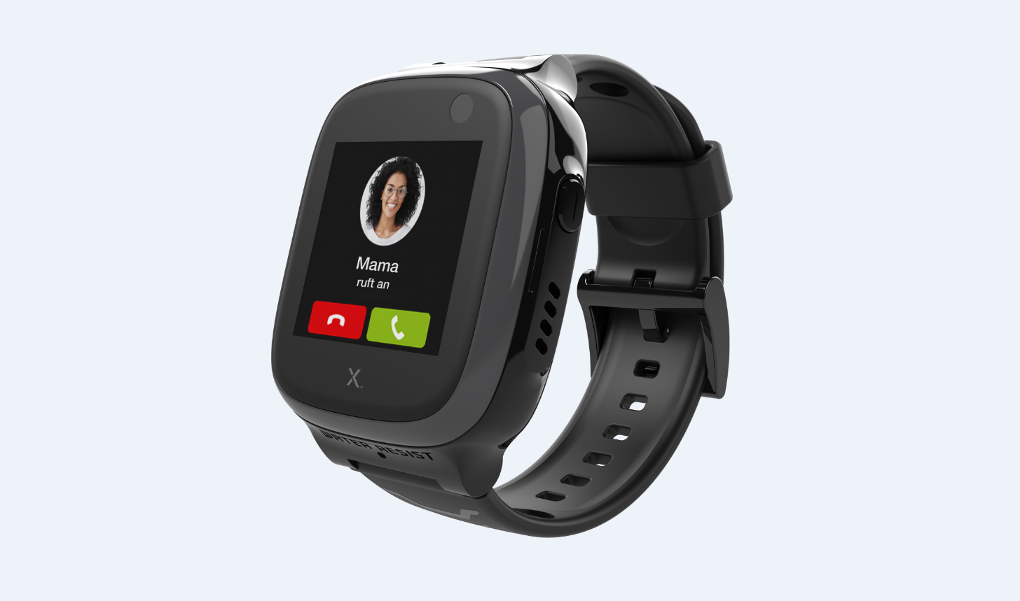 Schwarze Smartwatch mit Anrufbildschirm, Foto einer Frau und Anrufoptionen.