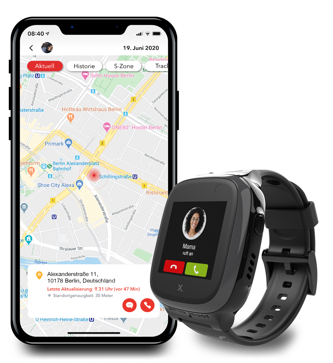 Ein Smartphone mit einer Karte und eine schwarze Smartwatch mit einem Anrufbildschirm, der das Gesicht einer Frau zeigt.
