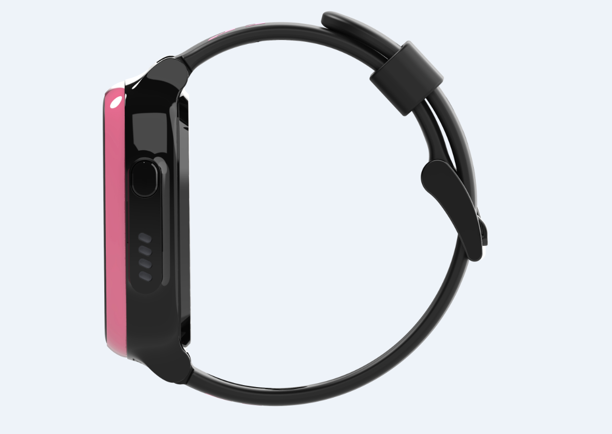 Seitenansicht einer schwarz-rosa Smartwatch mit schwarzem Armband.