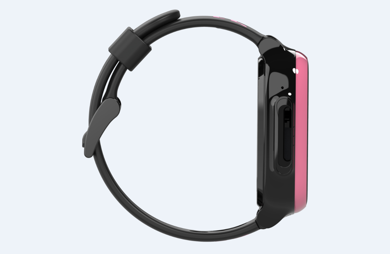 Pinke Smartwatch-Seitenansicht mit schwarzem Armband.